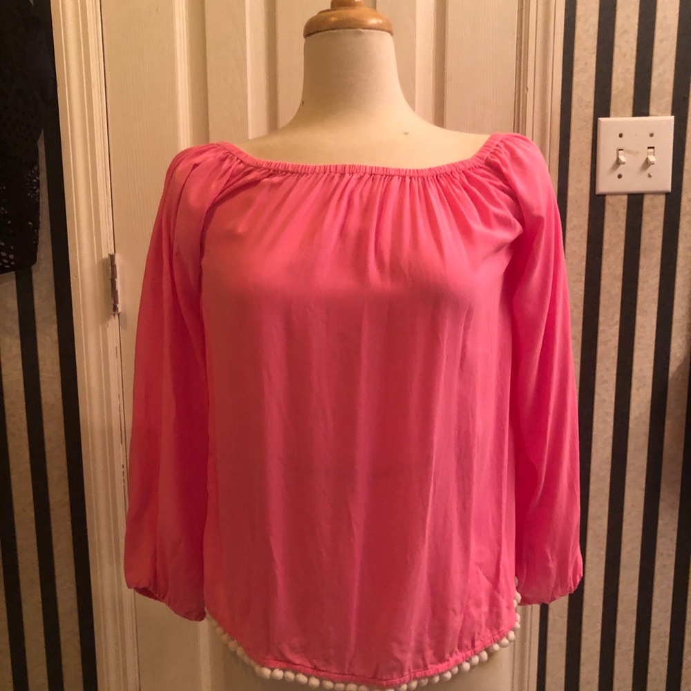 Lilly Pulitzer/XS/ Enna Off-Shoulder Top, Pink & white pom pom trim, 3/4 sleeves